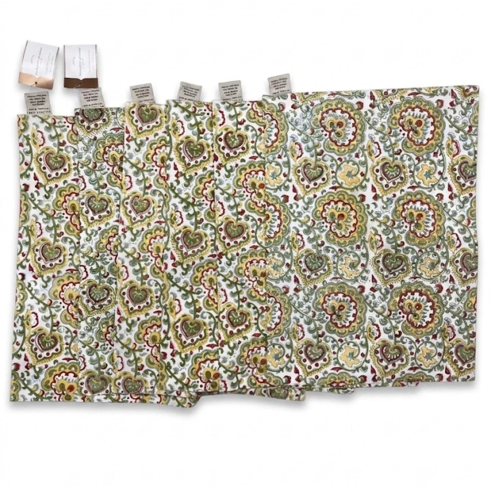 Pottery Barn Block Print Placemats Set of 6 Cotton Floral Medallion Green Red